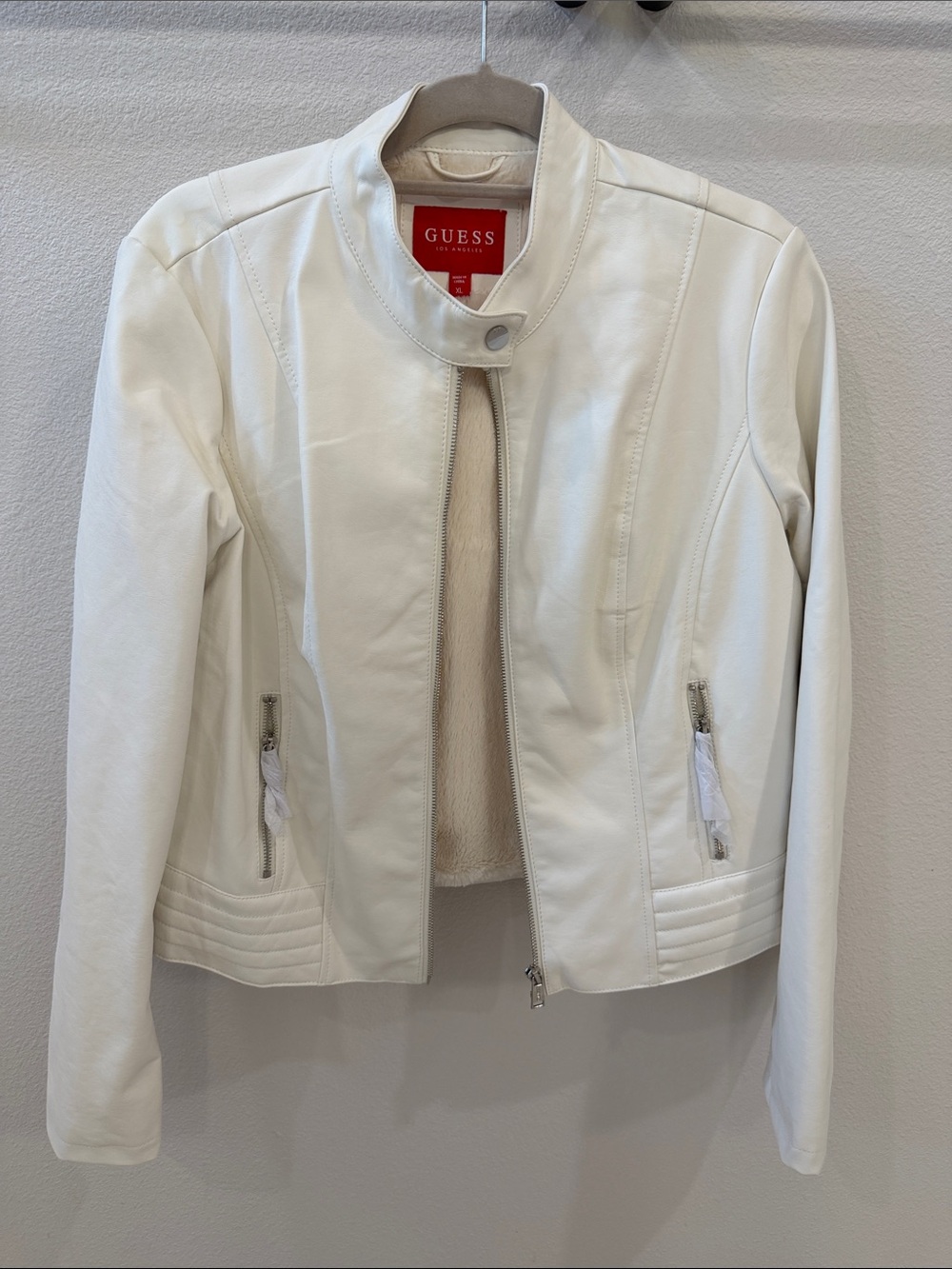 GUESS White Faux Leather Biker Jacket